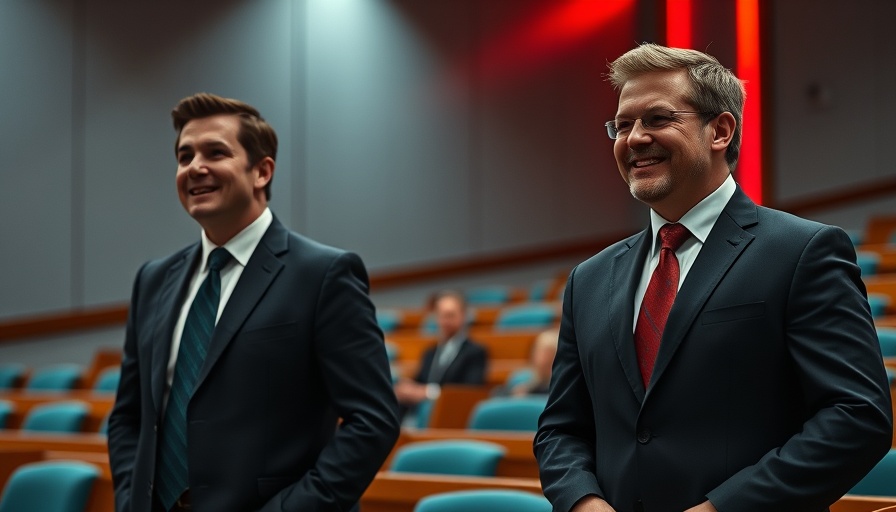 Two men in suits discussing real estate commission lawsuits in a courtroom.