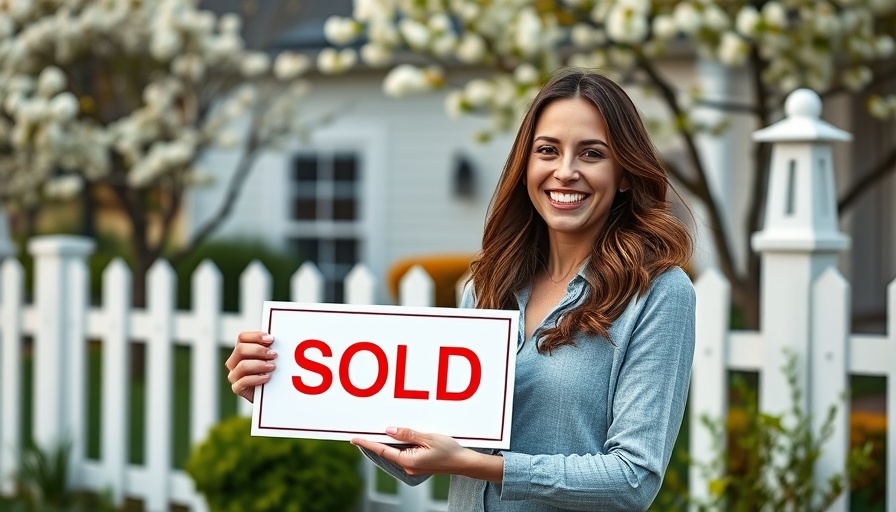 Happy woman with a 'SOLD' sign in front of a house.