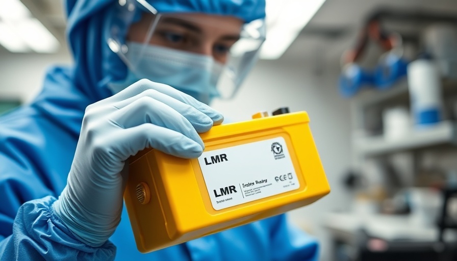Person in protective suit holding LMR battery in lab.
