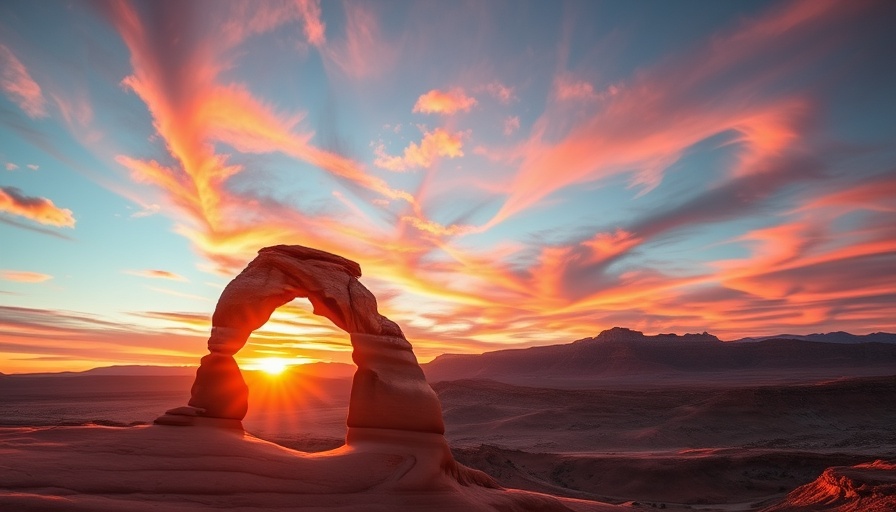 Vibrant sunset at Delicate Arch with colorful sky and mountains.