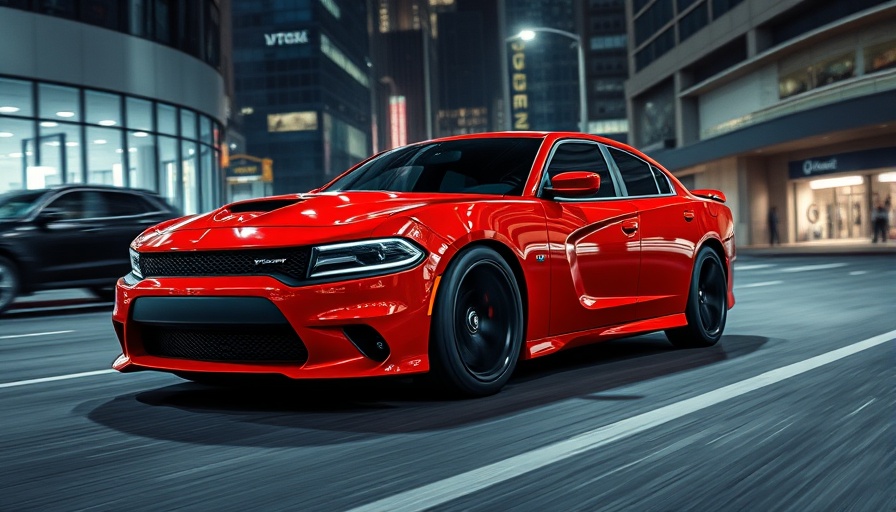 Red Dodge Charger Daytona R/T in urban nighttime setting.