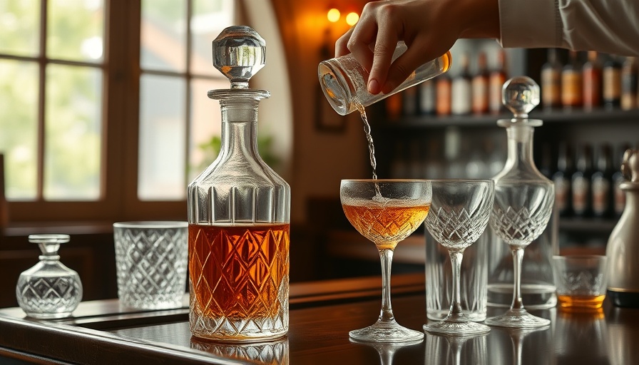 Elegant home dry bar setup with crystal decanters and glasses.