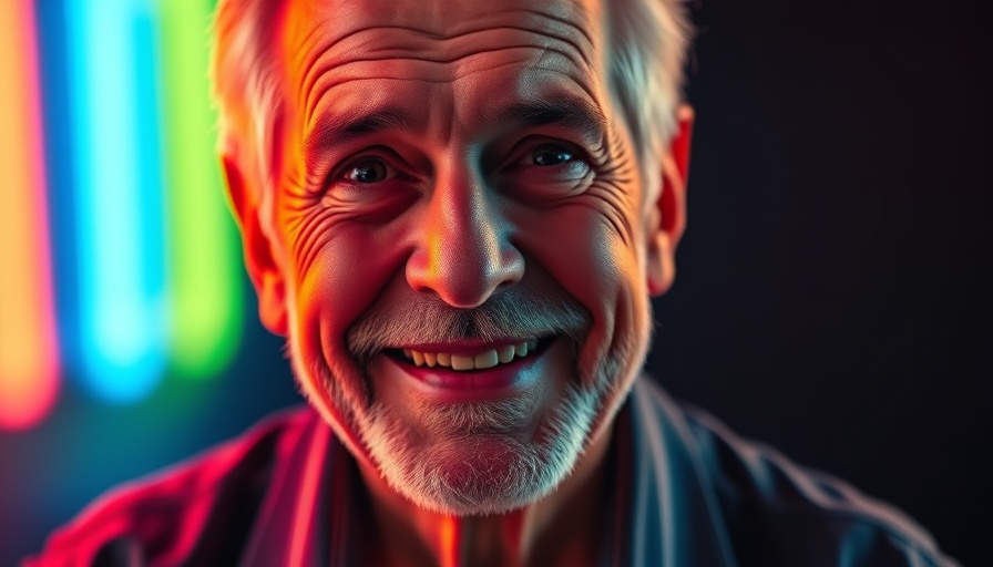 Vividly colored portrait of an older man smiling, reminiscent of vibrant digital art.