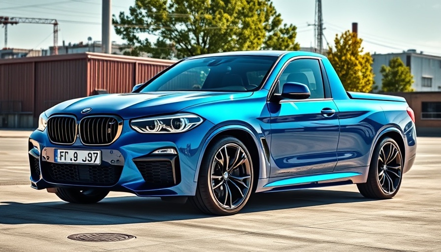 Glossy blue BMW pickup conversion in a sunny outdoor setting.