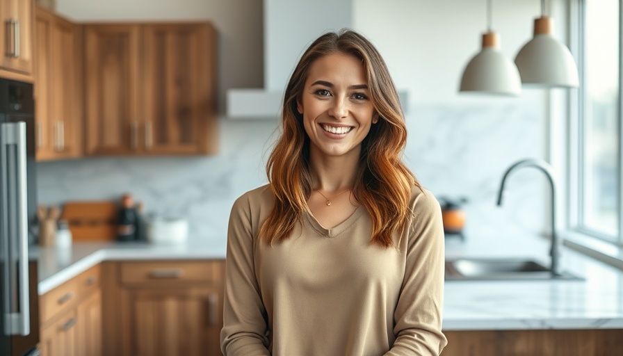 Confident woman in modern kitchen, Texas bail reform advocacy.