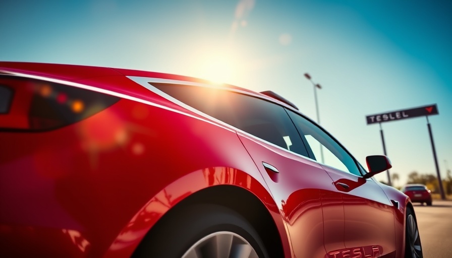 Red Tesla Model Y outdoors with person and rooftop carrier under sunny sky.