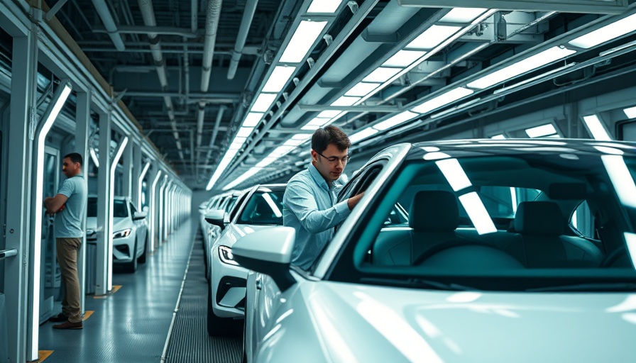 Automobile production line in Japan with worker inspecting Nissan car.