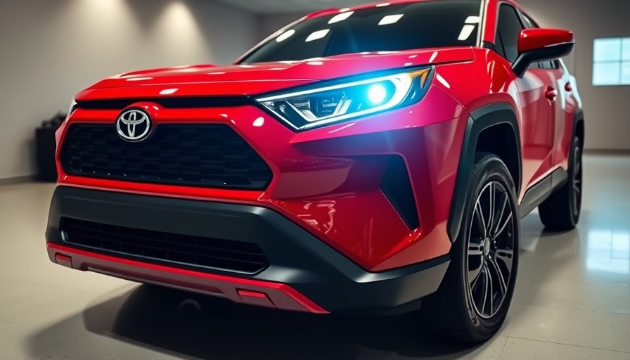 2026 Toyota RAV4 GR Sport with sleek red design and glowing headlight.