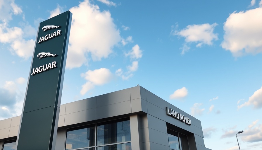 Jaguar and Land Rover sign with blue sky background.