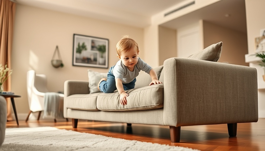 Toddler climbing sofa in baby-proofed apartment living room.