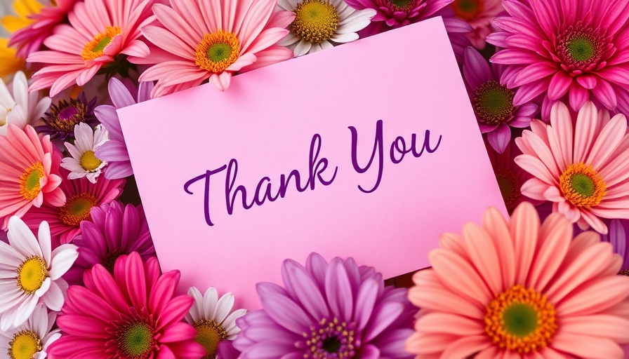 Pink thank you card opened with colorful flowers, showing appreciation.