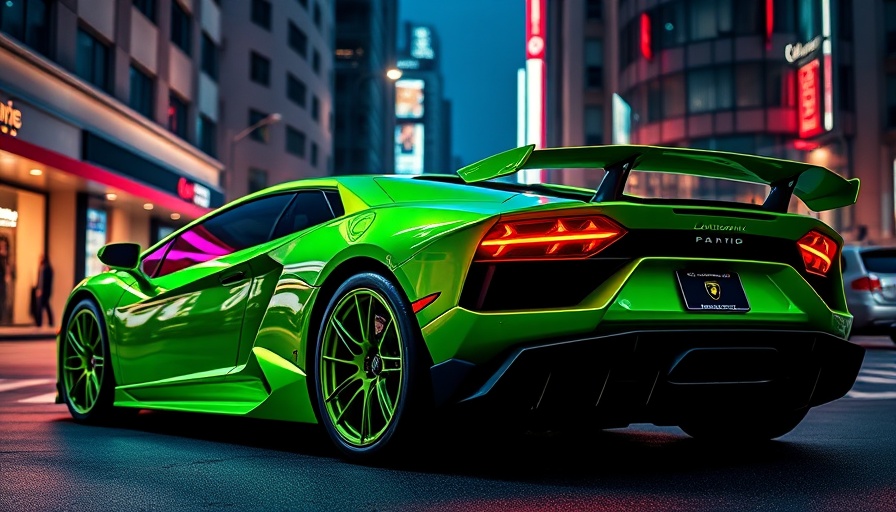 Neon green custom Lamborghini Revuelto, sleek urban setting.