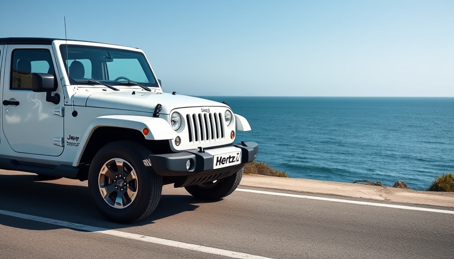 Sleek white Jeep with Hertz branding by ocean