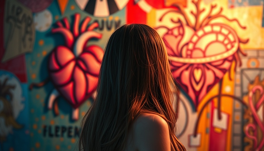 Young woman admiring abstract heart art on a textured wall, vibrant hues.
