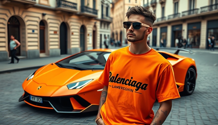 Futuristic model in Balenciaga Lamborghini t-shirt near orange Lamborghini, urban backdrop.