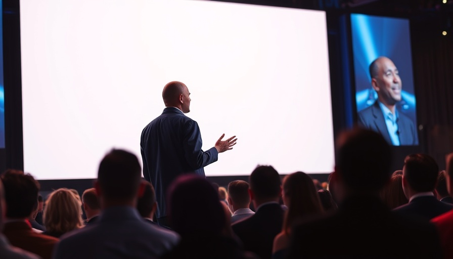 Speaker in dark jacket on screen at conference, focus on future.