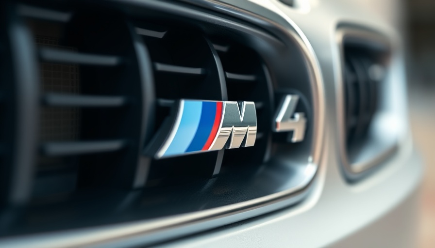 Close-up of BMW M4 badge with sleek metal finish.