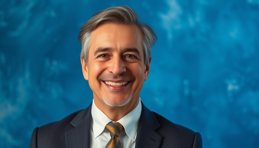 Portrait of a middle-aged man smiling against an abstract blue background.