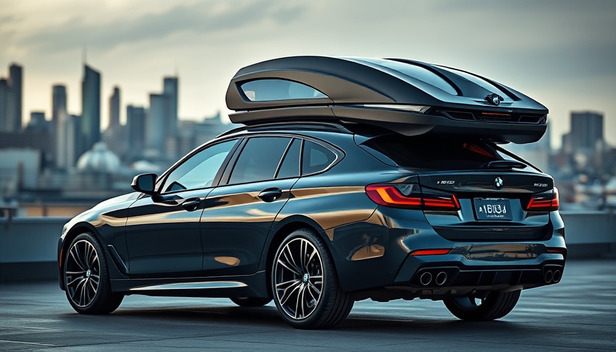 BMW with modern transport box for extra storage in urban setting.