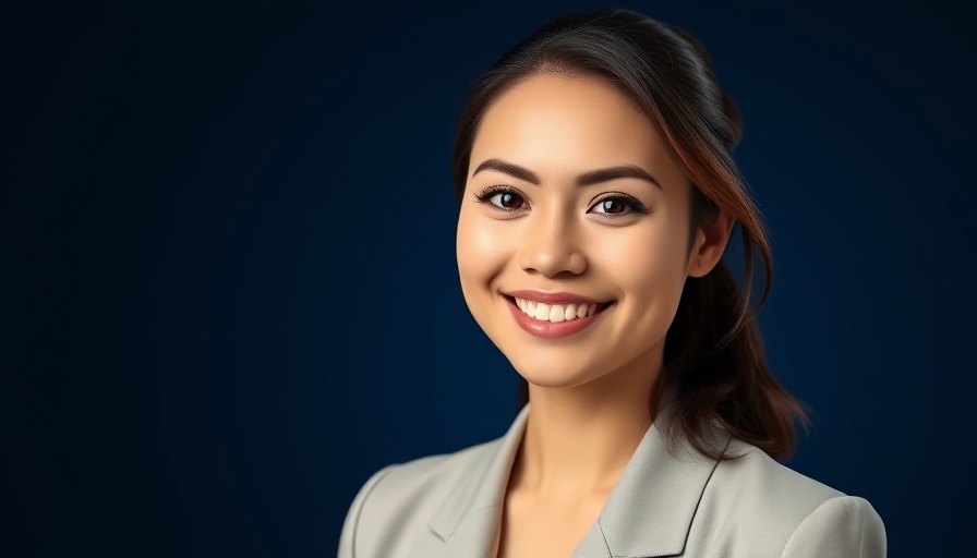 Professional woman's portrait on blue background, better value proposition in real estate.