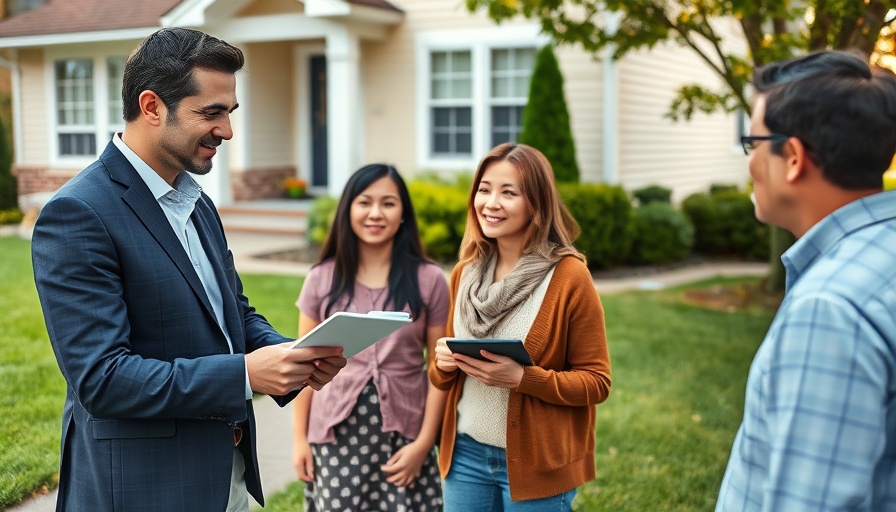Today's Buyer Agent guiding family outside suburban home.