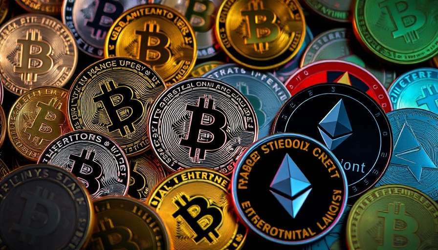 Colorful cryptocurrency coins including Bitcoin and Ethereum with detailed texture.
