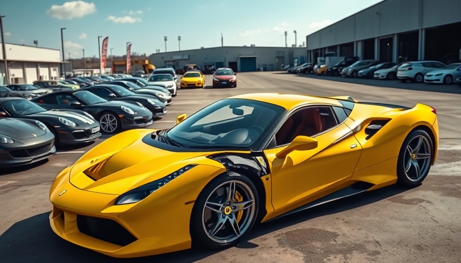 Damaged Ferrari SF90 Stradale at auction lot in sunlight.