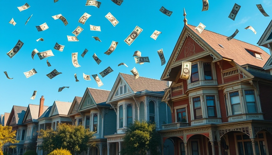 Victorian houses with money floating in sky, symbolizing commission advances in real estate.
