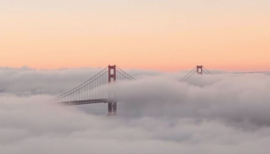 Misty dawn view of Golden Gate Bridge shrouded in clouds.