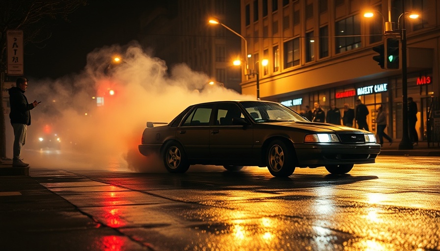 Street takeover with sedan performing burnout at night and bystanders