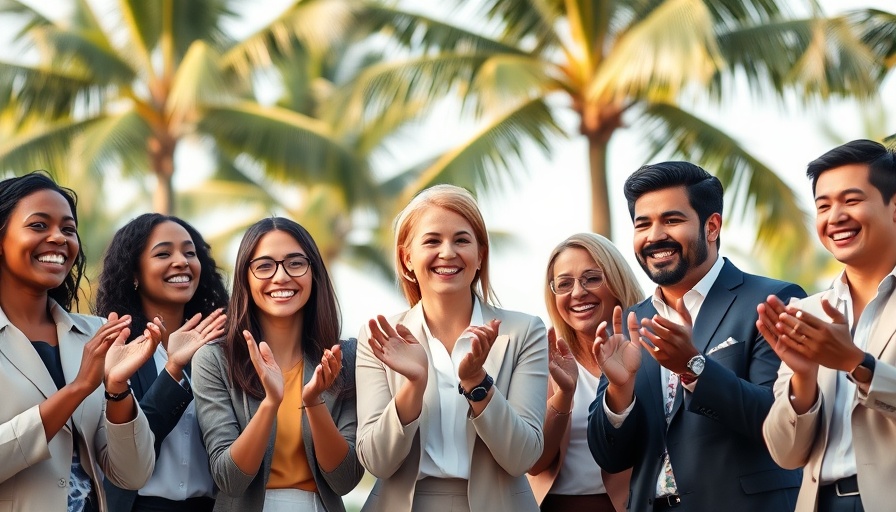 Diverse professionals clapping in appreciation under palm trees.