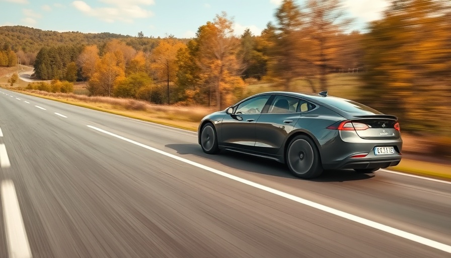 Electric car driving on a scenic road depicting Tesla sales decline in Europe.