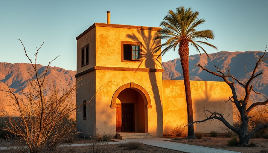 Altadena real estate market: historic stucco archway with palm tree and mountain.