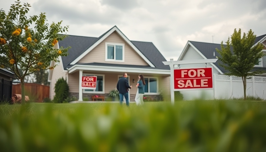 Suburban house for sale with potential buyers outside, lawn, house inspection focus.