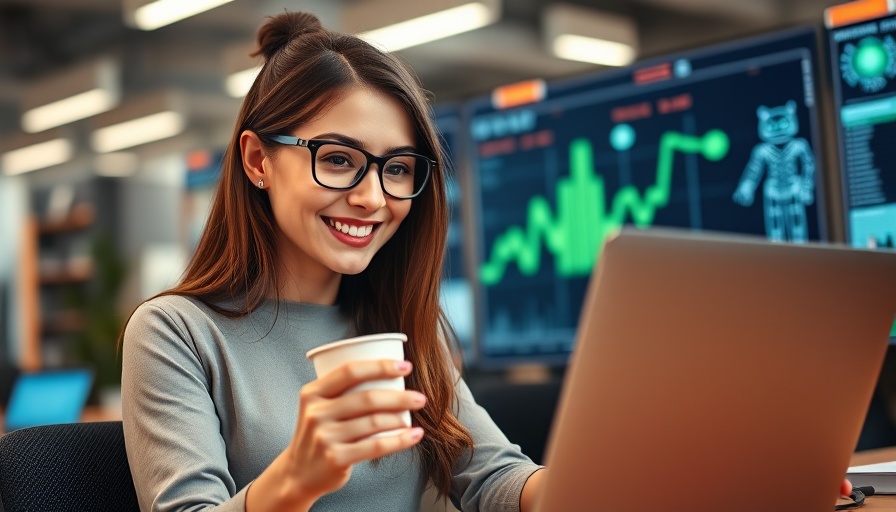 Smiling woman with laptop and digital charts, smarter ads for real estate.