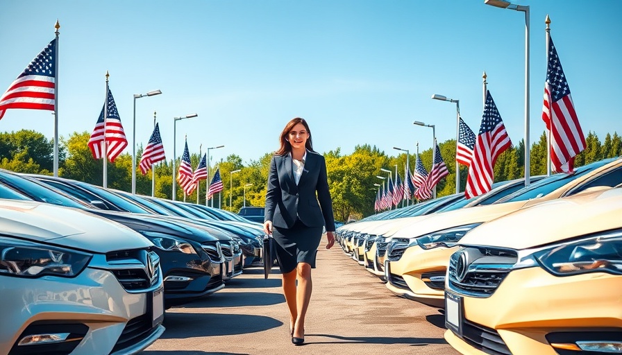 Businesswoman at a car dealership showcasing used cars and trade-in value.