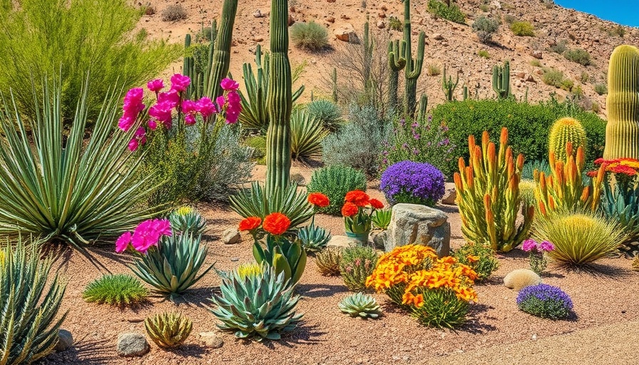Xeriscaping garden with vibrant plants and arid landscape.