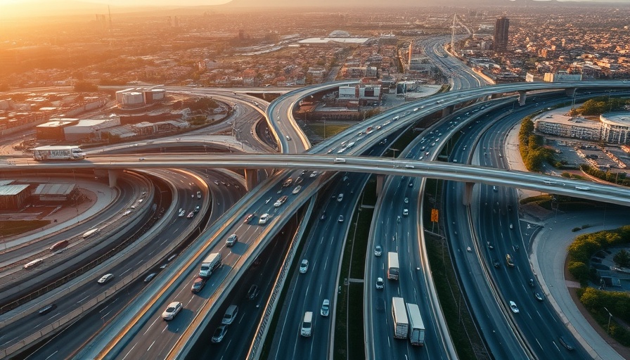 Aerial of a busy freeway interchange at sunset in the U.S.
