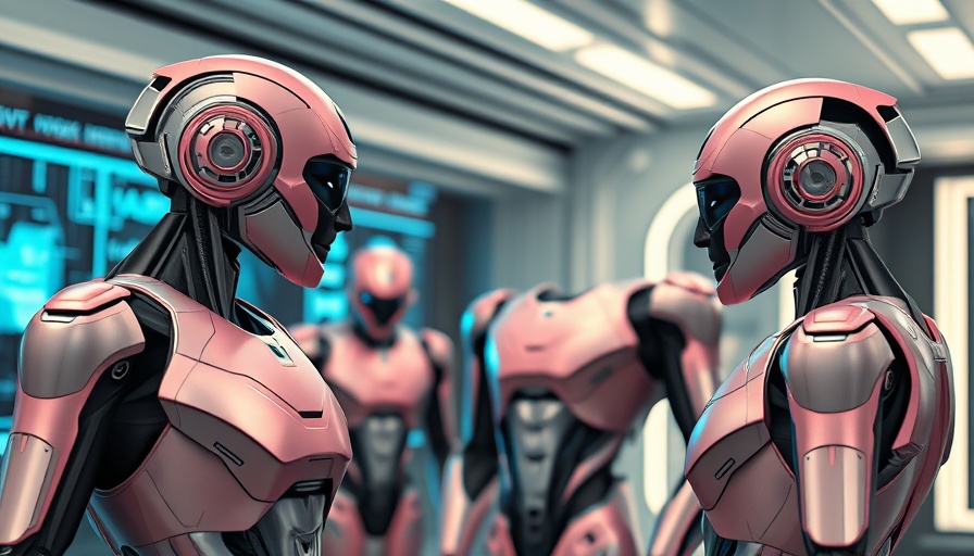 AI humanoids discussing in a futuristic setting for AI in real estate.