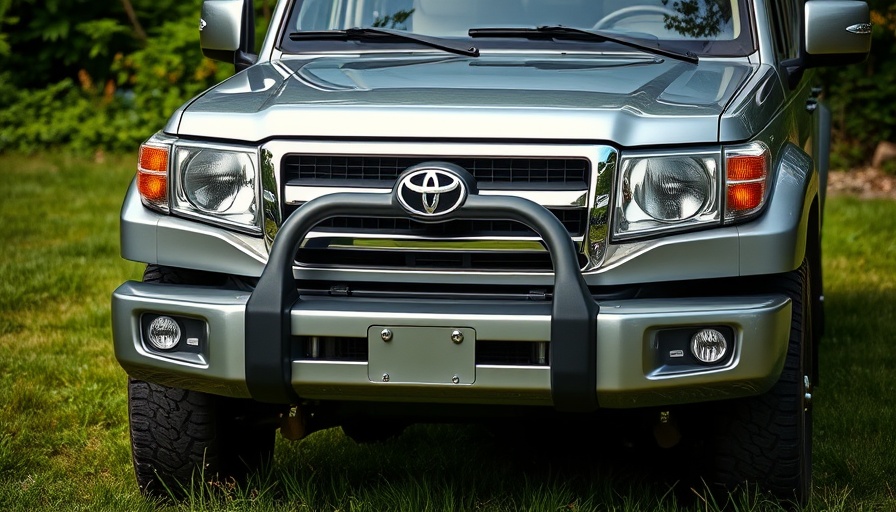 Close-up of silver Land Cruiser parked on grass, daytime.