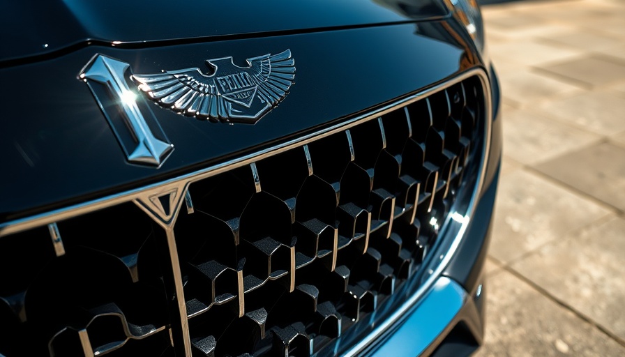 Close-up of luxury black car grille in bright sunlight.