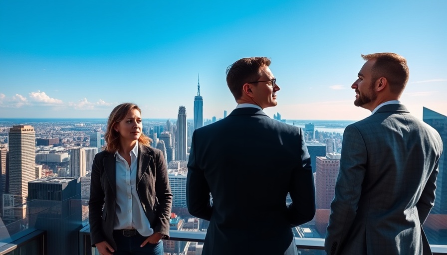 Corcoran Genesis executives discuss real estate acquisition over cityscape.