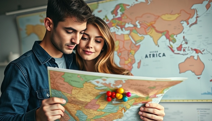 Young couple viewing investment map, vibrant pins indicating opportunities on a foreign investment platform.