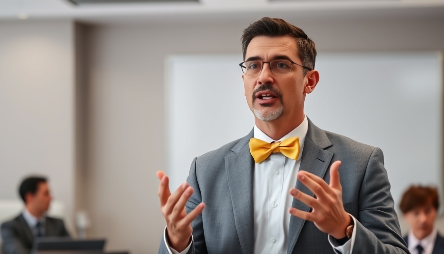 Middle-aged man presenting on real estate commission settlements.