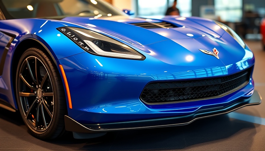 Close-up of vibrant blue Corvette Z06 front view in showroom.