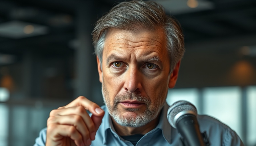 Thoughtful man at Nissan new CEO shareholder meeting adjusting microphone.