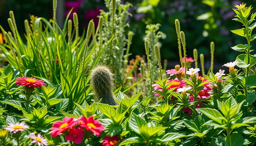 Eco-friendly garden with diverse plants for sustainable summer landscaping tips.