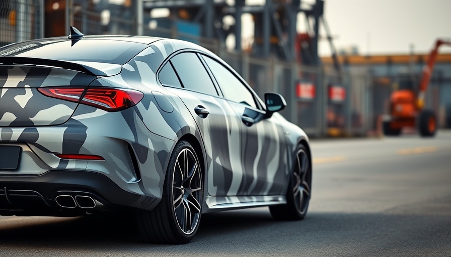 Camouflaged AMG CLA EQ sedan on road with industrial background.
