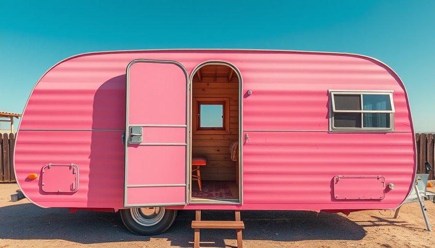 Vintage pink camper trailer with open door under blue sky.