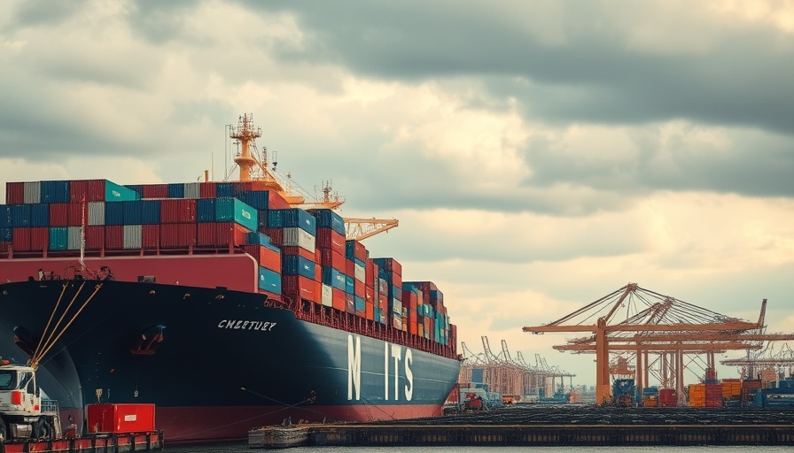Cargo ship in port reflects uncertainty over tariff policies.